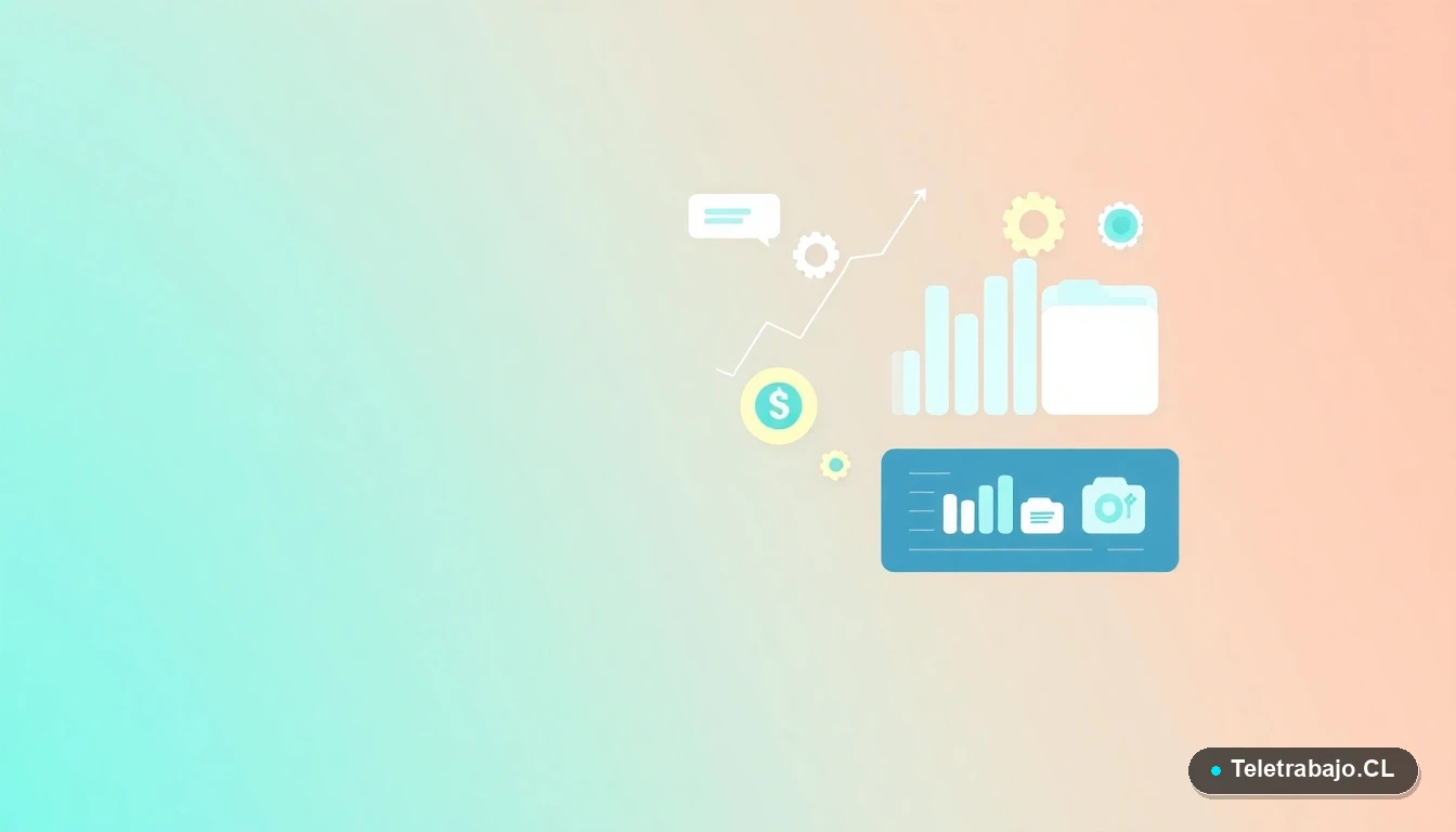 Composición abstracta de interfaz de usuario tecnológica con gráficos flotantes y engranajes estilizados, sobre un fondo degradado vacío en tonos verde azulado y menta, representando conceptos de estrategia digital y crecimiento profesional.