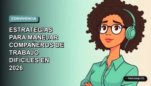 Ilustración plana corporativa de mujer profesional de teletrabajo con expresión pensativa, fondo degradado azul verdoso.