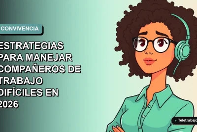 Ilustración plana corporativa de mujer profesional de teletrabajo con expresión pensativa, fondo degradado azul verdoso.