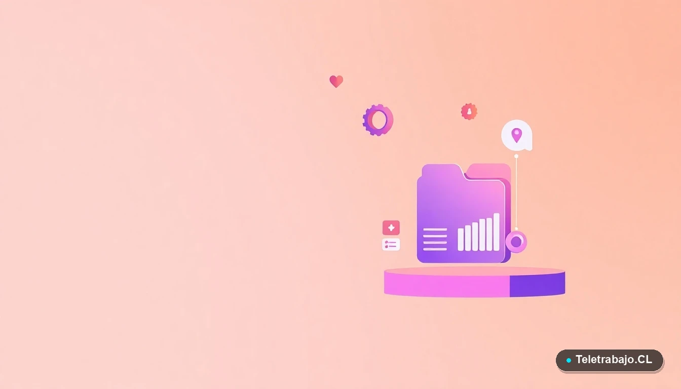 Elementos de interfaz de usuario abstractos y modernos: gráficos flotantes, engranajes y carpetas, sobre fondo degradado melocotón.