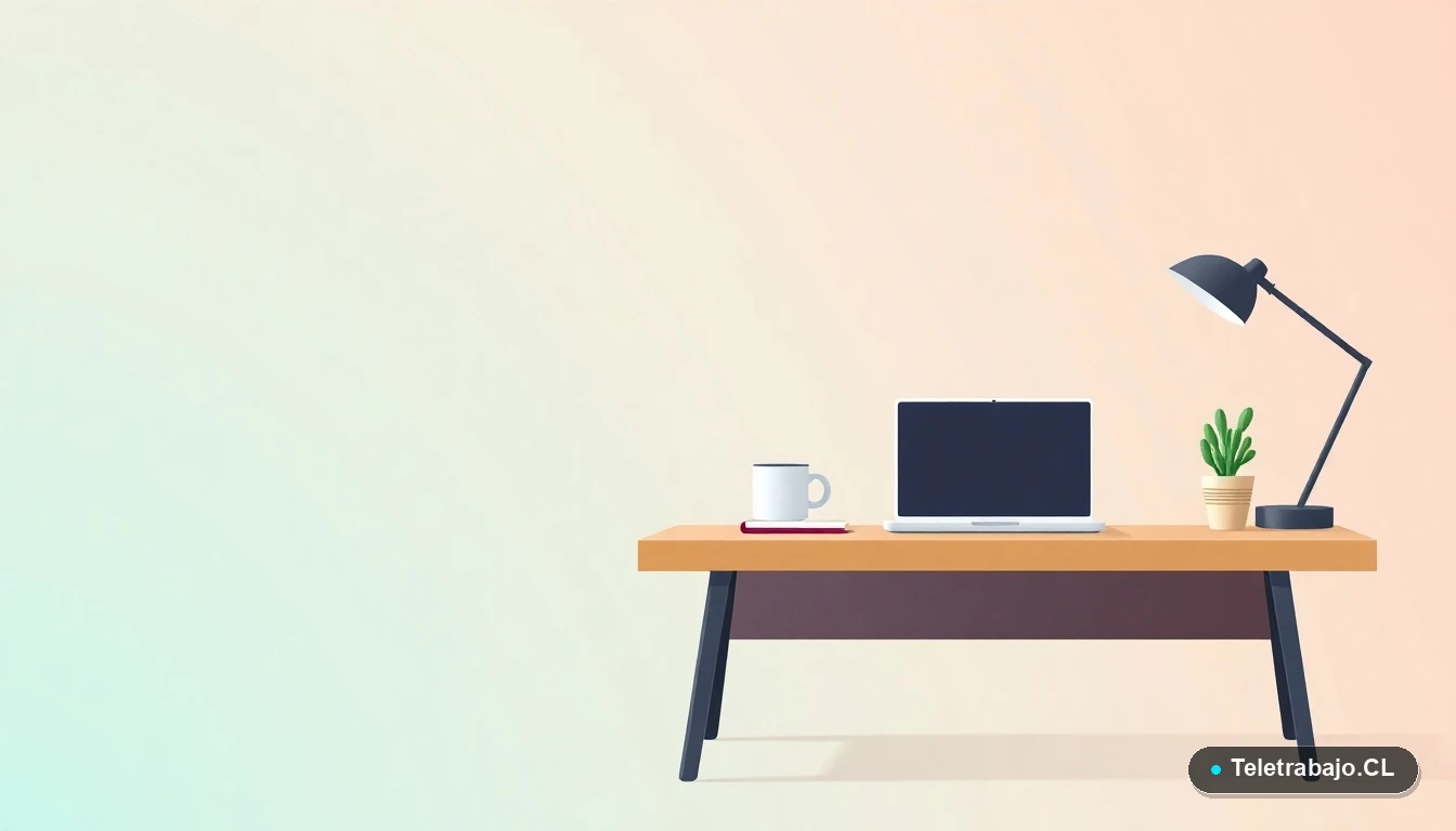 Escritorio moderno minimalista vacío con laptop, cuaderno y planta, sobre fondo degradado de menta y verde azulado.