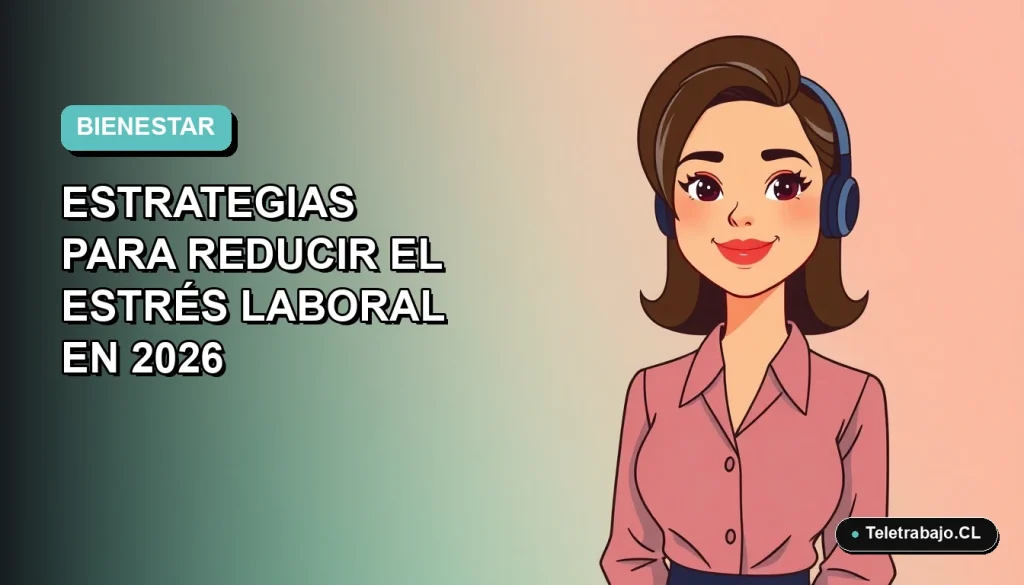 Ilustración plana corporativa de mujer profesional feliz en teletrabajo, fondo degradado azul y verde, concepto de bienestar laboral.