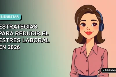 Ilustración plana corporativa de mujer profesional feliz en teletrabajo, fondo degradado azul y verde, concepto de bienestar laboral.