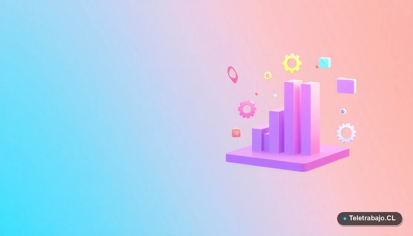 Elementos de interfaz de usuario abstractos y coloridos, como gráficos y engranajes flotantes, sobre fondo degradado verde azulado. Ilustración vectorial plana moderna.