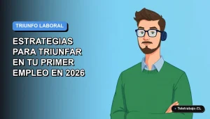 Ilustración plana vectorial de un trabajador masculino de tecnología con suéter verde, sobre fondo degradado azul, representando estrategias para el éxito profesional.