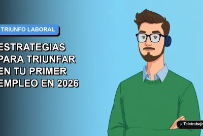 Ilustración plana vectorial de un trabajador masculino de tecnología con suéter verde, sobre fondo degradado azul, representando estrategias para el éxito profesional.