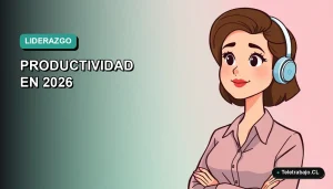 Ilustración vectorial plana de mujer profesional de teletrabajo con expresión pensativa, fondo gradiente azul verdoso.