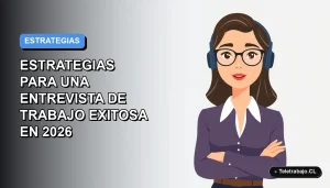 Ilustración plana vectorial de una mujer profesional de teletrabajo con blusa azul, mirando con confianza, sobre fondo degradado azul y gris.