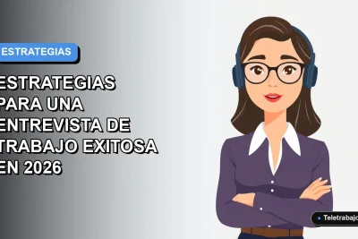 Ilustración plana vectorial de una mujer profesional de teletrabajo con blusa azul, mirando con confianza, sobre fondo degradado azul y gris.