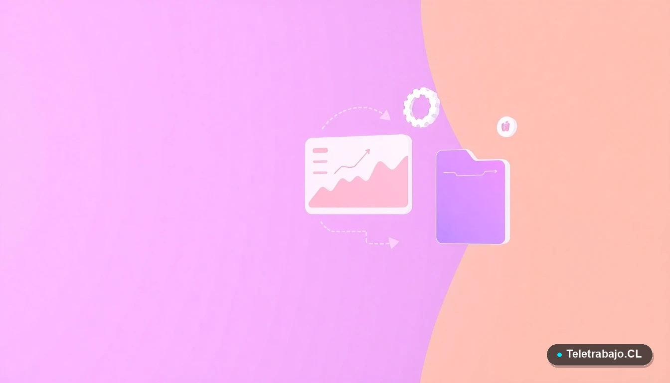 Composición abstracta de interfaz de usuario con gráficos flotantes y iconos de engranaje y carpeta en colores lavanda y durazno, sobre fondo degradado.