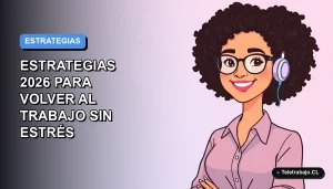 Ilustración plana corporativa de mujer profesional feliz trabajando desde casa, fondo degradado azul y lila, concepto de teletrabajo sin estrés para 2026.