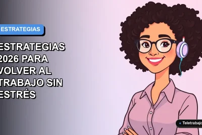 Ilustración plana corporativa de mujer profesional feliz trabajando desde casa, fondo degradado azul y lila, concepto de teletrabajo sin estrés para 2026.