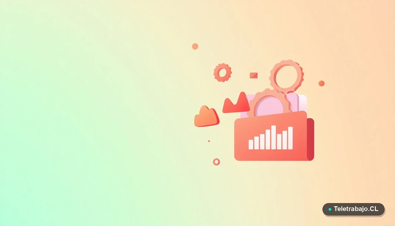 Elementos de interfaz de usuario abstractos y coloridos, gráficos y engranajes flotantes, representando estrategias y productividad digital para el trabajo futuro.