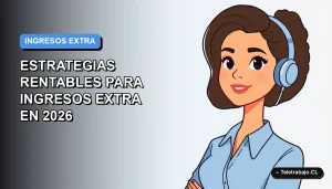 Ilustración vectorial plana de una mujer profesional de teletrabajo con blusa azul, mirando a la izquierda, sobre fondo degradado azul y blanco. Concepto de ingresos extra.