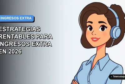 Ilustración vectorial plana de una mujer profesional de teletrabajo con blusa azul, mirando a la izquierda, sobre fondo degradado azul y blanco. Concepto de ingresos extra.