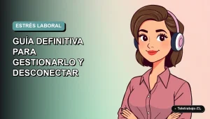 Ilustración plana de mujer profesional chilena con expresión tranquila, fondo degradado suave azul verdoso, concepto de bienestar laboral 2026.