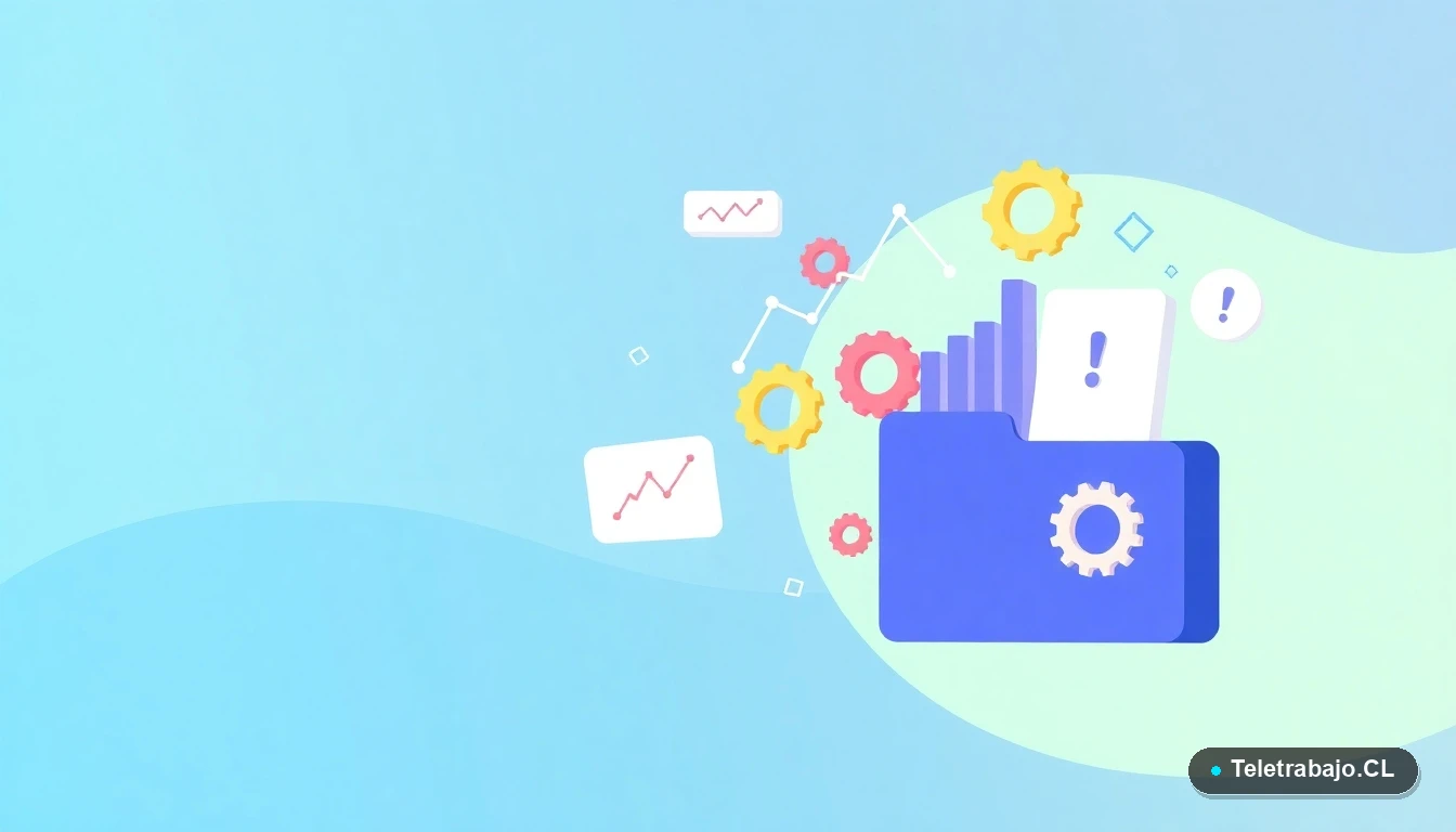 Elementos de interfaz de usuario abstractos que representan estrés laboral: gráficos en baja, engranajes y carpetas de archivos, ilustración plana.