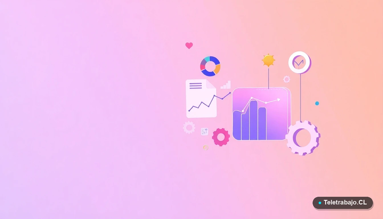 Ilustración abstracta de interfaz tecnológica con gráficos flotantes, carpetas y engranajes estilizados, sobre un fondo degradado lila y durazno. Concepto de organización y análisis para el estudio.