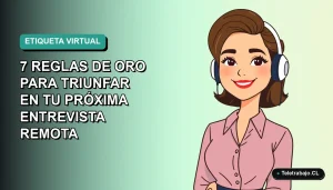 Ilustración plana corporativa de una profesional chilena sonriente en una entrevista de trabajo remota, con fondo degradado azul y verde.