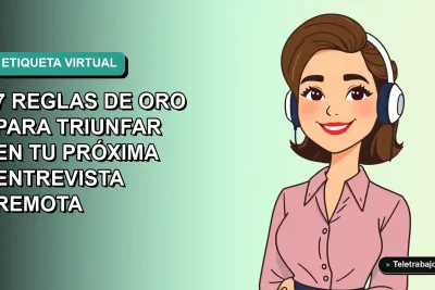 Ilustración plana corporativa de una profesional chilena sonriente en una entrevista de trabajo remota, con fondo degradado azul y verde.