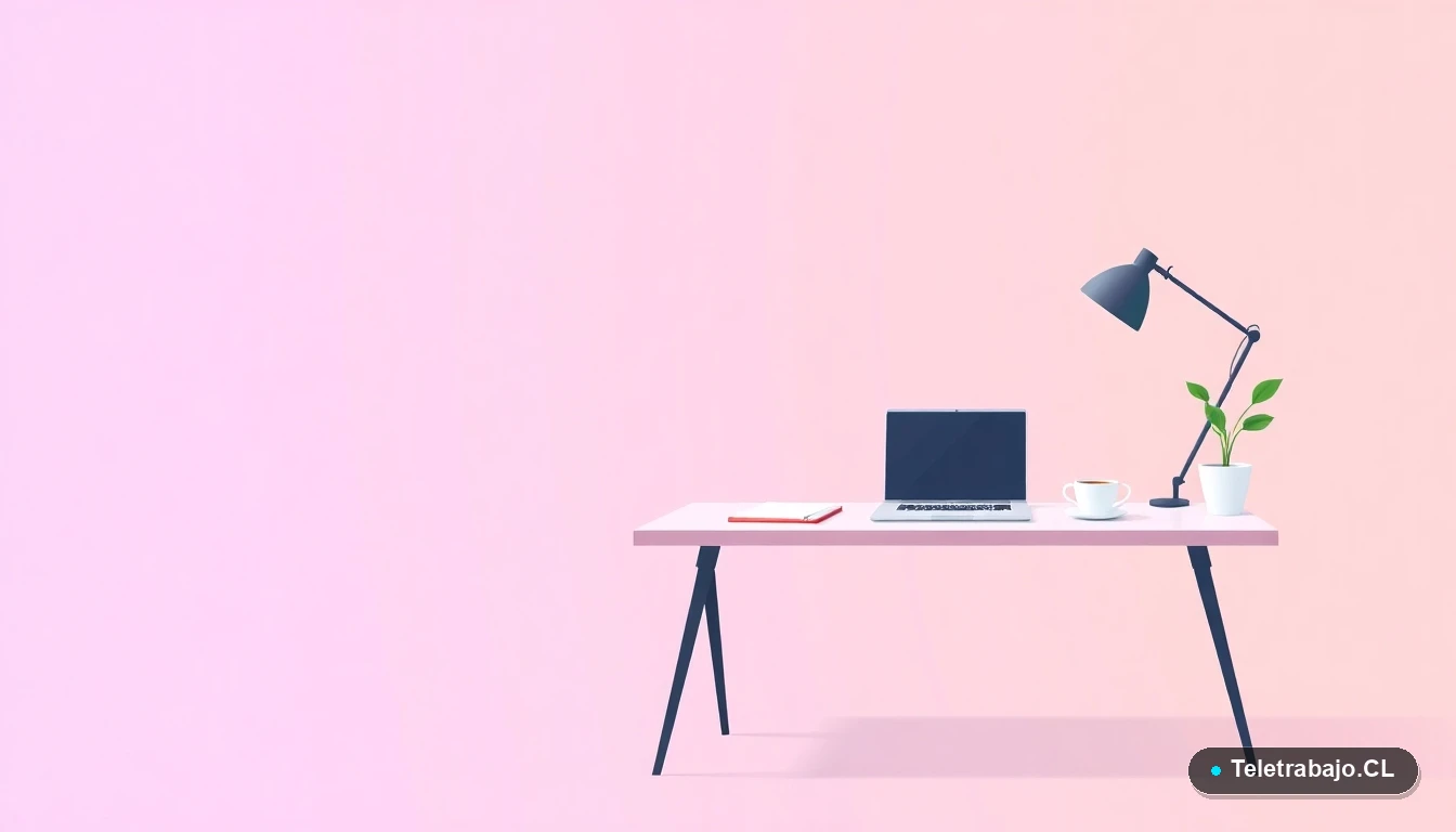 Escritorio moderno y ordenado para teletrabajo, con laptop, cuaderno, café y una planta, ilustrado en estilo vectorial plano sobre fondo degradado lila y durazno.