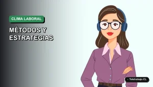 Ilustración vectorial plana de una trabajadora remota sonriente con blusa azul, sobre fondo degradado verde suave. Espacio negativo a la izquierda.