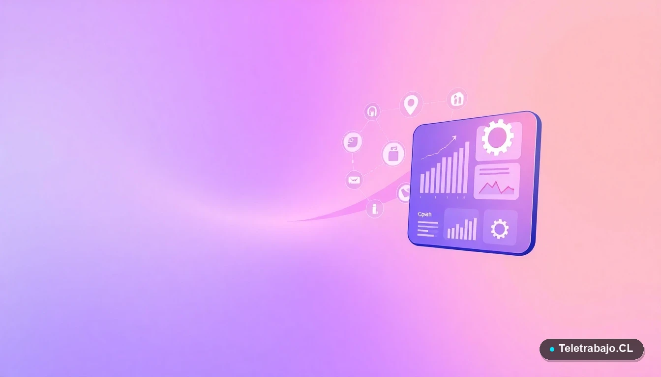 Interfaz de usuario abstracta con gráficos flotantes e iconos de engranaje sobre fondo degradado lila, estilo ilustración vectorial plana.