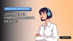 Ilustración plana vectorial de una mujer profesional del rubro tecnológico con camisa blanca y corte de pelo bob, mirando pensativamente hacia un espacio vacío con fondo degradado azul y gris.