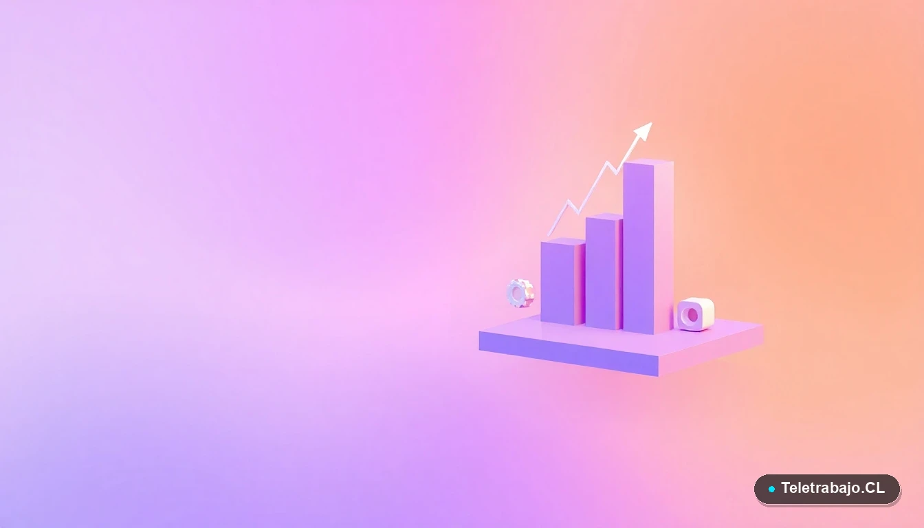 Ilustración abstracta de interfaz de usuario tecnológica con gráficos flotantes, engranajes y carpetas en tonos lavanda y durazno, sobre un fondo degradado claro.