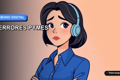 Ilustración vectorial plana estilo Corporate Memphis de una trabajadora remota con blusa azul, sobre un fondo degradado suave. Representa el concepto de evitar errores en la postulación al Bono Digital para pequeñas y medianas empresas.