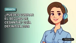 Ilustración plana corporativa de una trabajadora chilena sonriente con blusa azul, sobre fondo degradado verde menta. Concepto de excedencia laboral y seguro de desempleo.