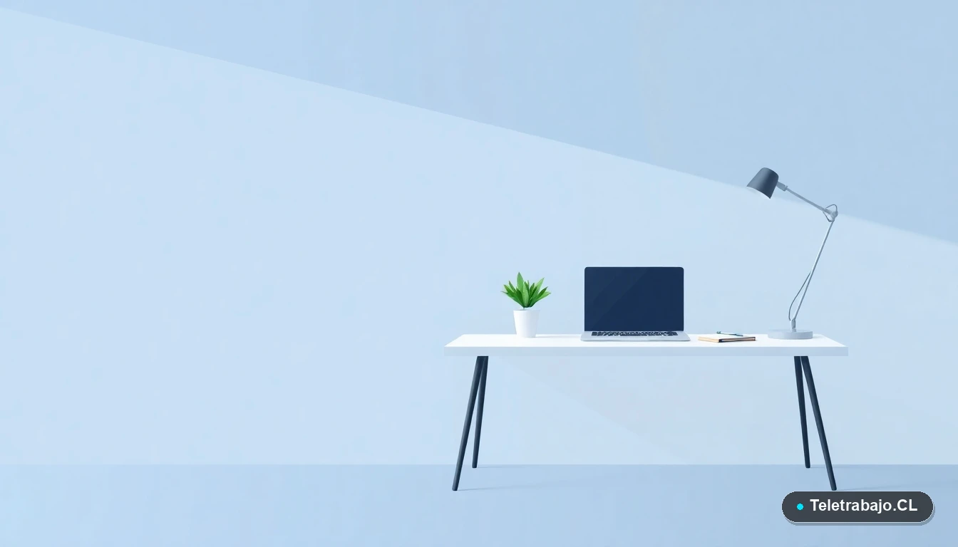 Escritorio moderno minimalista con laptop y planta, ilustración plana sobre fondo degradado azul. Representa la pausa laboral durante una excedencia en Chile.