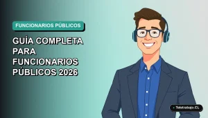 Ilustración plana corporativa de un funcionario público chileno sonriente, con camisa azul y chaqueta, sobre fondo degradado verde azulado. Espacio negativo a la izquierda.