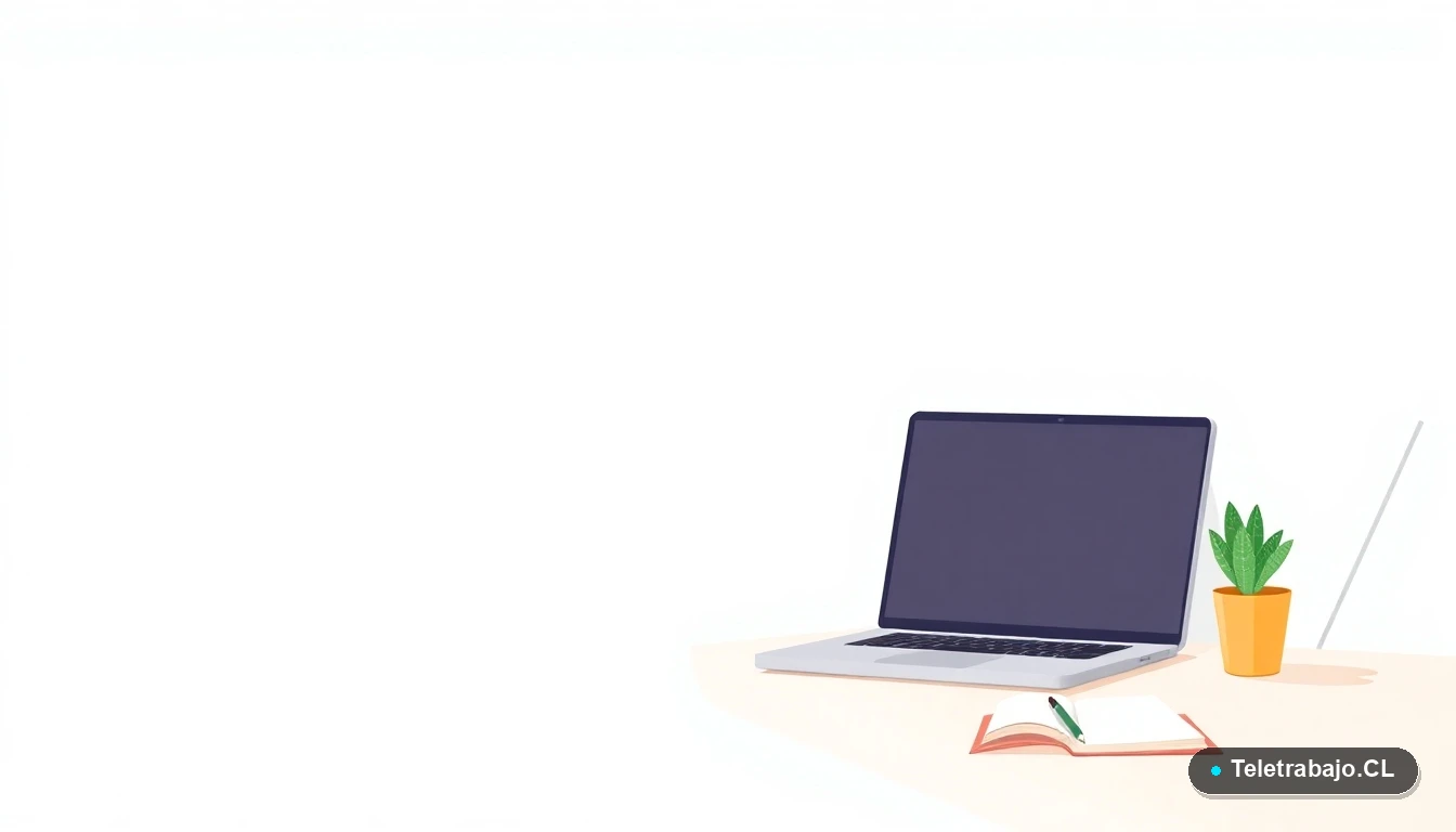 Escritorio moderno minimalista con laptop y planta, ilustración plana, sobre fondo degradado verde menta. Concepto de espacio de trabajo y gestión administrativa.