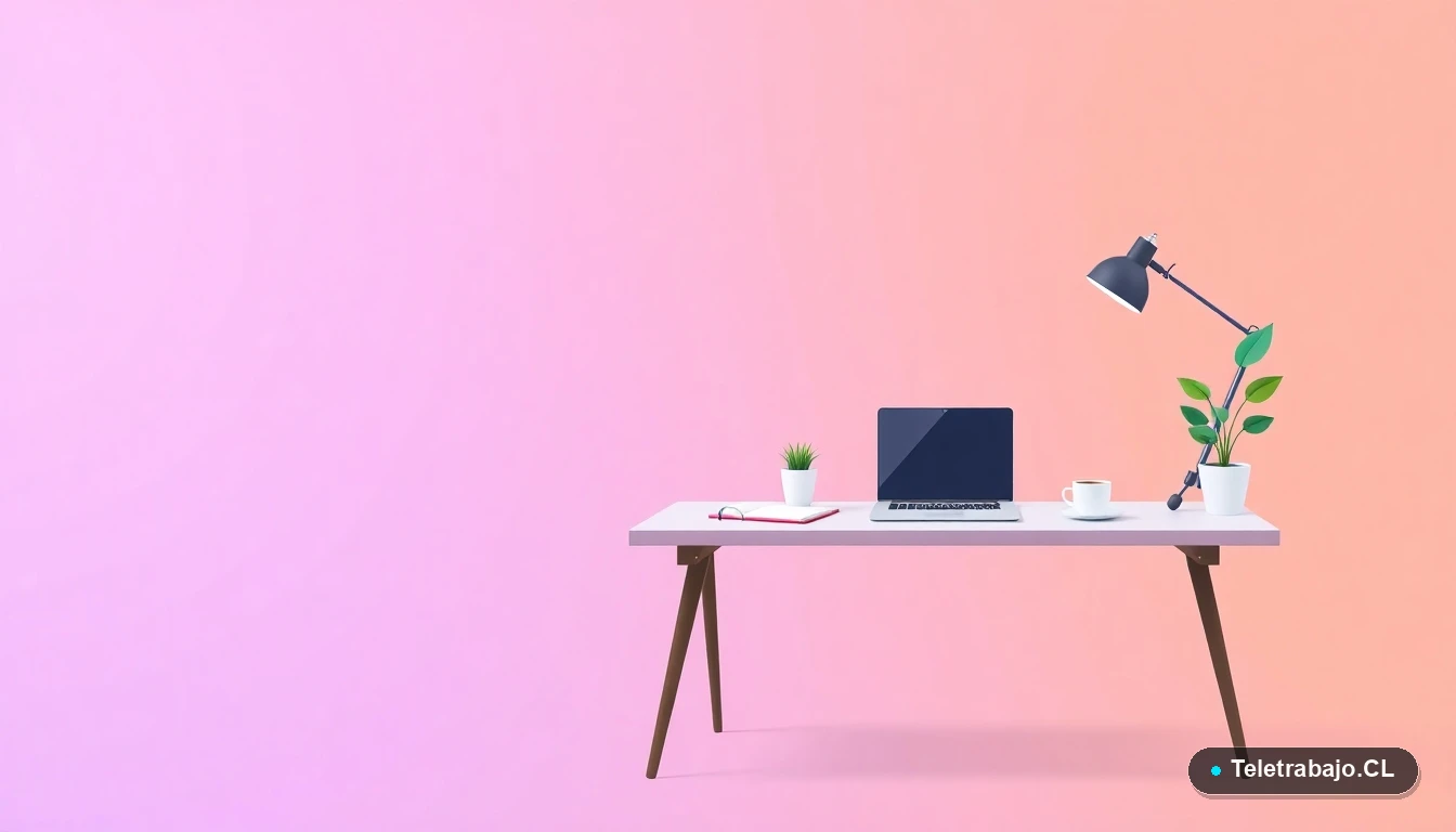 Escritorio moderno vacío con laptop, cuaderno y planta, concepto de pausa laboral o excedencia, ilustración plana con fondo degradado lila y melocotón.