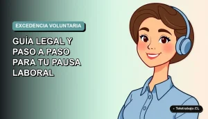 Ilustración plana corporativa de una mujer profesional chilena con blusa azul, sonriendo, sobre fondo degradado suave. Concepto de pausa laboral.