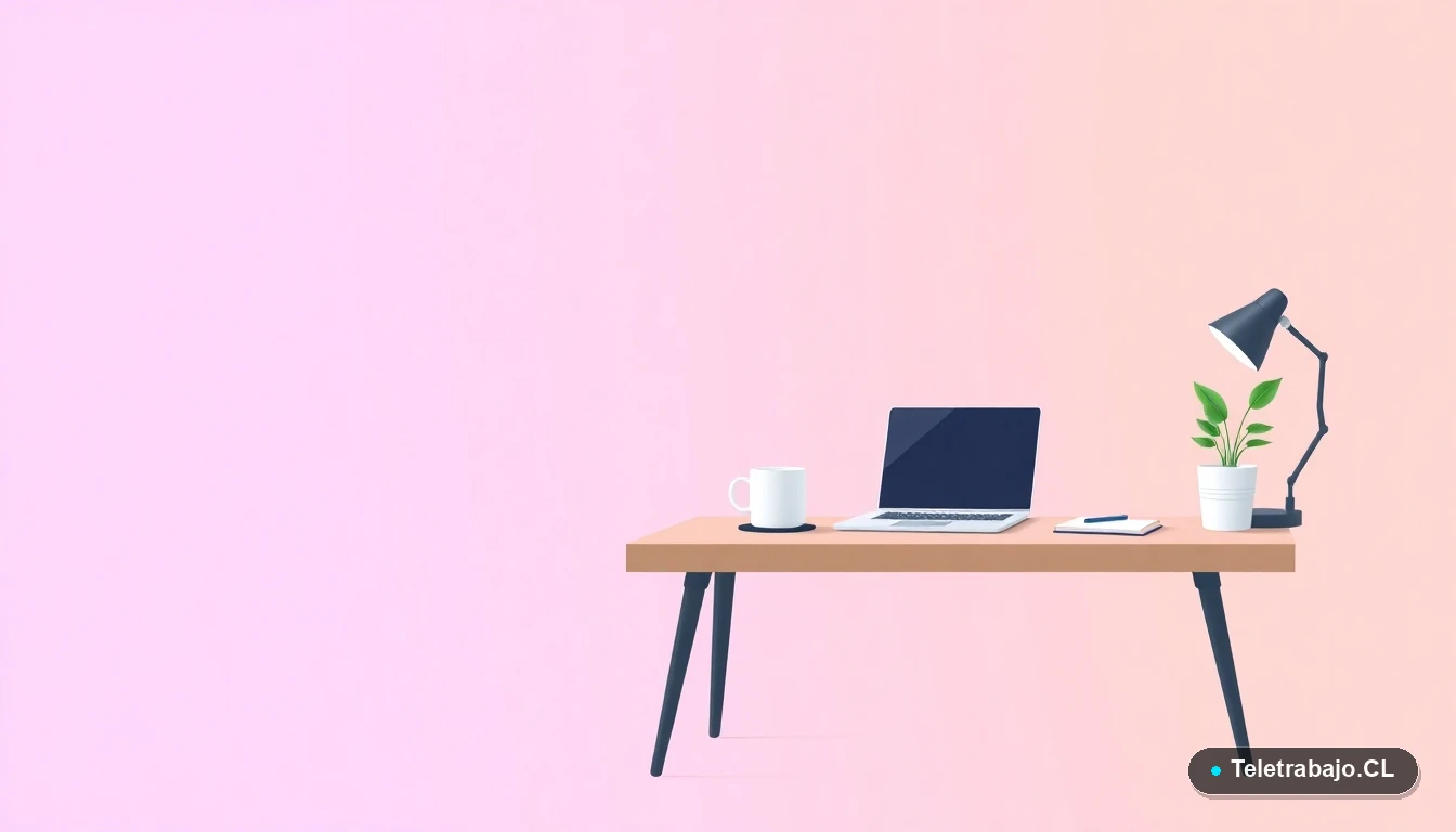 Escritorio moderno minimalista vacío con laptop, cuaderno, taza de café y planta suculenta, sobre fondo degradado lavanda y durazno. Representa una pausa laboral o espacio de planificación.