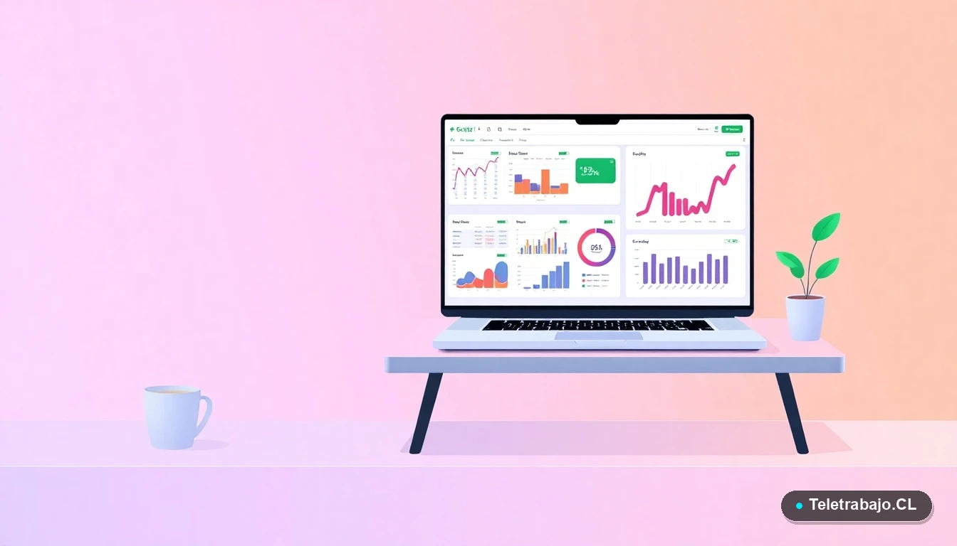 Interfaz de Excel Online con gráficos en pantalla de laptop, escritorio minimalista, ilustración plana para artículo de teletrabajo.