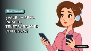 Ilustración plana de mujer profesional chilena trabajando remotamente con su celular, fondo degradado suave.