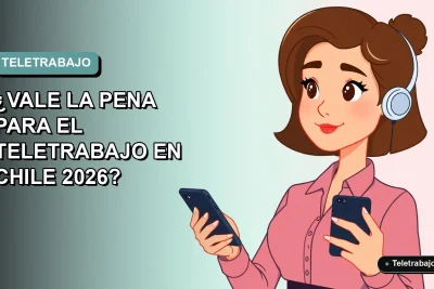 Ilustración plana de mujer profesional chilena trabajando remotamente con su celular, fondo degradado suave.