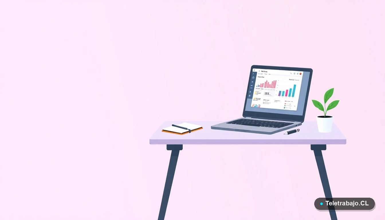 Escritorio moderno minimalista con laptop, celular y elementos de oficina para teletrabajo, ilustración plana sobre fondo lavanda.