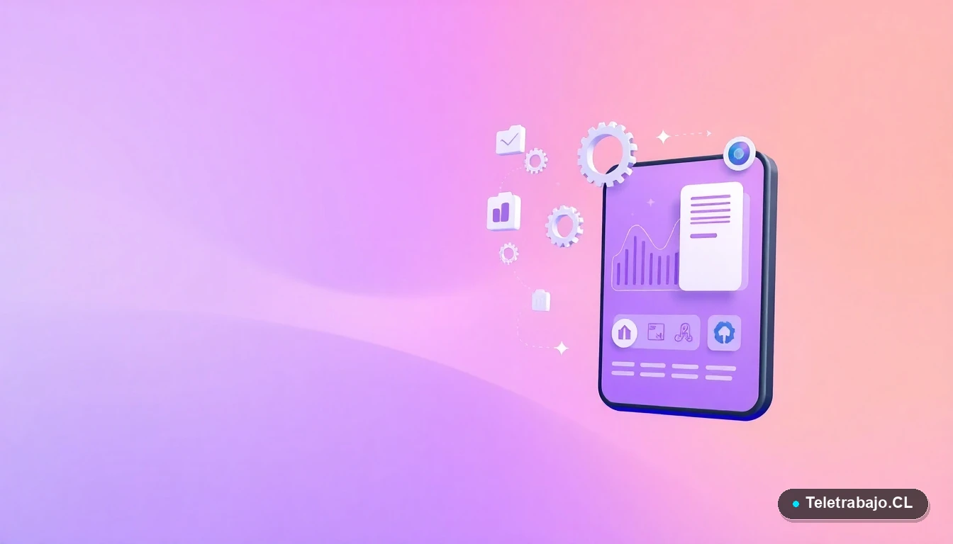 Interfaz de usuario abstracta con gráficos flotantes y iconos de engranajes en tonos lavanda, concepto de tecnología y productividad para teletrabajo.