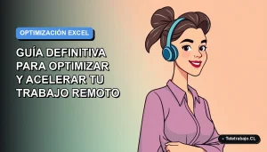 Ilustración vectorial plana de una mujer profesional chilena trabajando remotamente con su laptop, con fondo degradado azul y naranja, representando optimización de Excel.