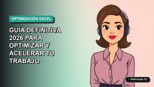 Ilustración plana corporativa de mujer profesional chilena con laptop, representando solución para Excel lento, fondo degradado azul verdoso.
