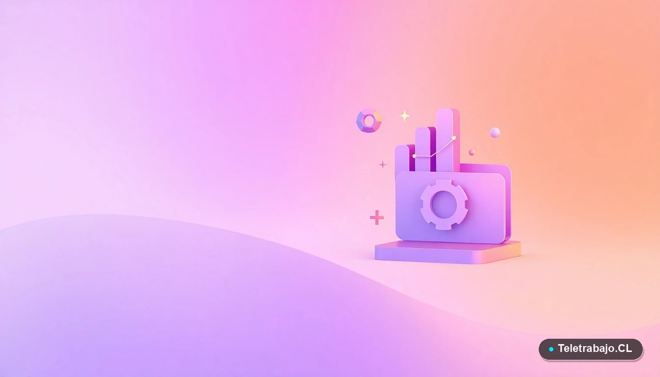 Composición abstracta de iconos tecnológicos flotantes: gráficos de barras, un engranaje y una carpeta minimalista en tonos lavanda y durazno, sobre fondo degradado. Concepto de datos y automatización.