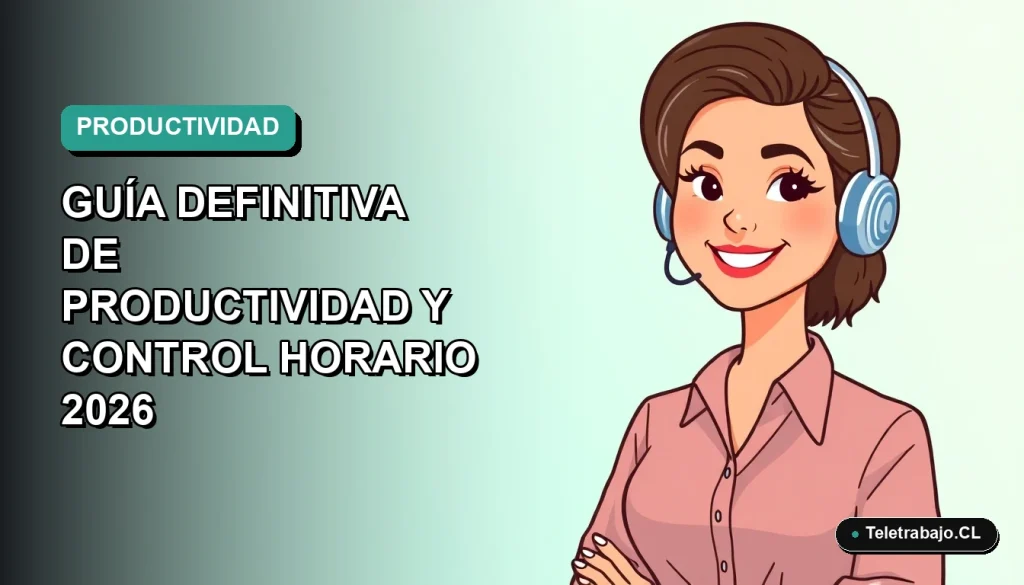 Ilustración plana vectorial de una mujer freelancer chilena sonriendo, con fondo degradado azul verdoso. Representa el control horario y productividad con Excel.