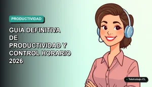 Ilustración plana vectorial de una mujer freelancer chilena sonriendo, con fondo degradado azul verdoso. Representa el control horario y productividad con Excel.