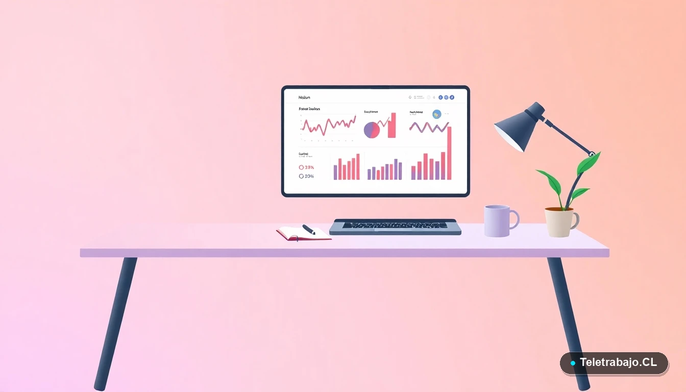 Escritorio moderno minimalista con laptop, gráficos abstractos, planta y taza de café sobre fondo degradado lavanda y durazno. Concepto de aprendizaje digital y productividad para el curso Excel para Humanistas.