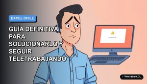 Ilustración vectorial plana de un trabajador remoto masculino con camisa azul, frustrado frente a su laptop con un ícono de error, sobre fondo degradado azul y gris.