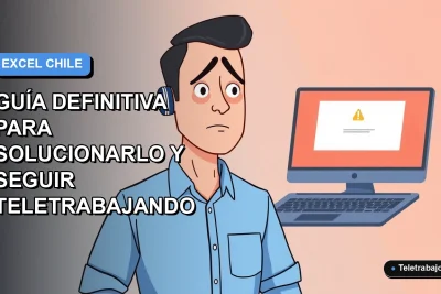 Ilustración vectorial plana de un trabajador remoto masculino con camisa azul, frustrado frente a su laptop con un ícono de error, sobre fondo degradado azul y gris.